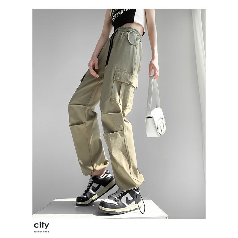 Pantalones cargo holgados rectos con puños ajustables y cordón para mujeres delgadas y bajitas, de secado rápido.