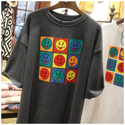 Retro Letter Loose Fit Trendy T-Shirt aus reiner Baumwolle mit kurzen Ärmeln.