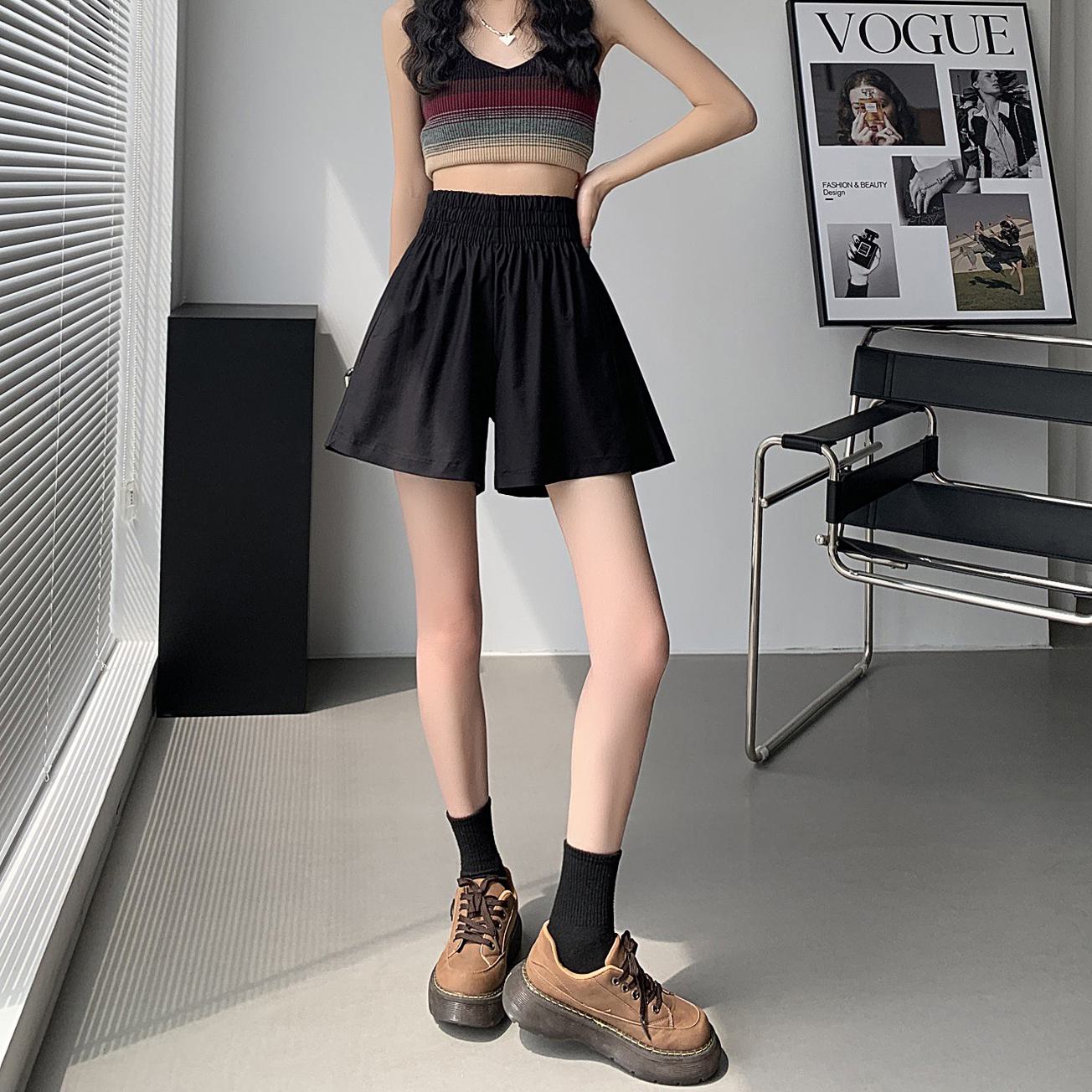 Slimming Thin Casual High-Waisted Loose Fit A-Line Elastic Washed Cotton Workwear Shorts