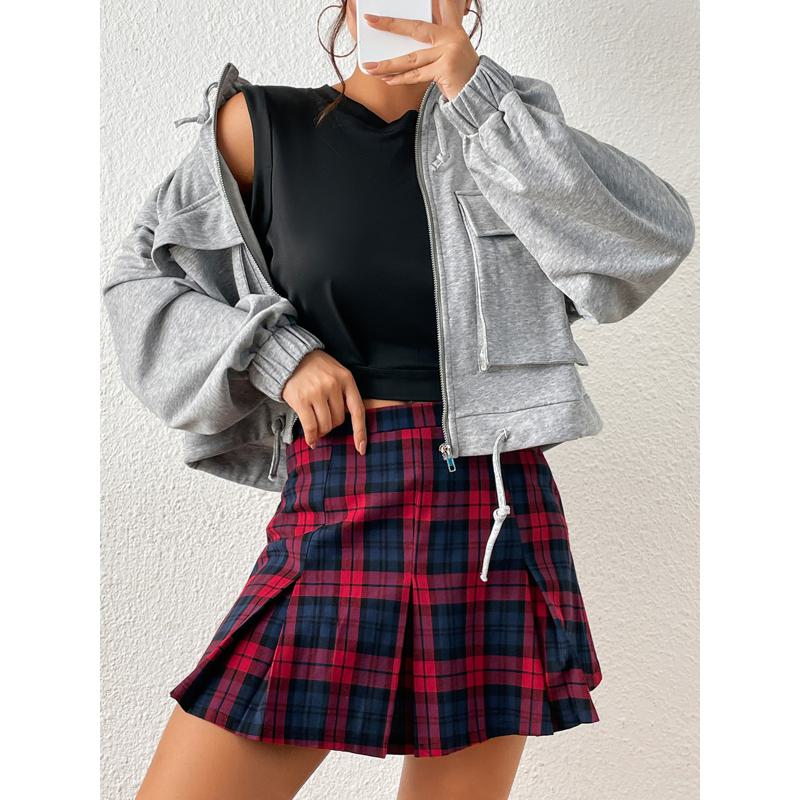 A-Line Zipper Cotton Crash Color Plaid Pleated Skirt