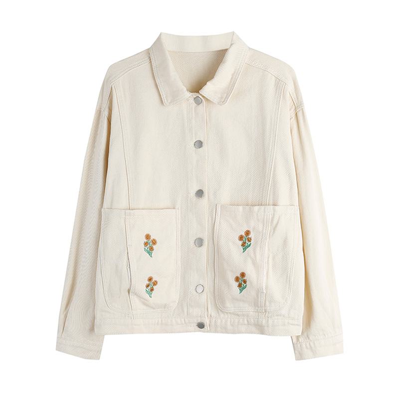 Pocket Flower Embroidery Loose Fit Washed Denim Jacket
