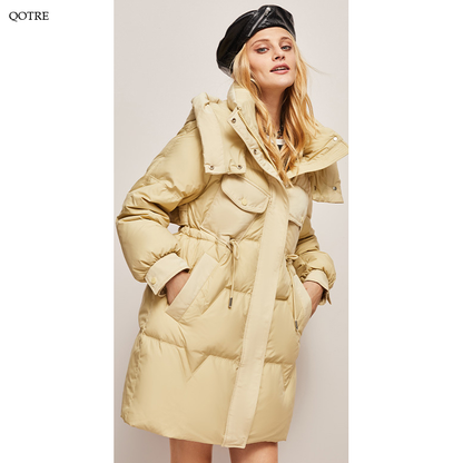 Hooded Thigh-Length Cinched Waist Down Coat