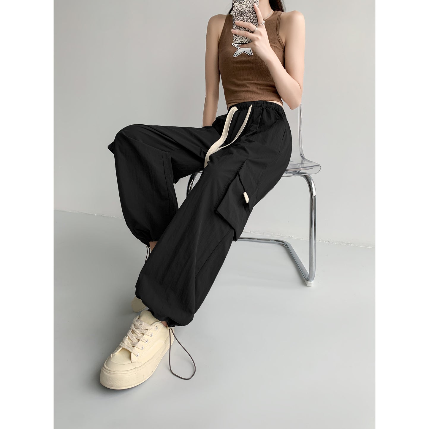 Loose-Fit Casual Silky High-Waisted Multi-Pocket Quick-Drying Sash Wide-Leg Cargo Pants