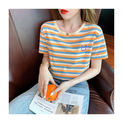 Embroidery Stripe Loose Fit Versatile Round Neck Anti-Aging Short Sleeve Tee