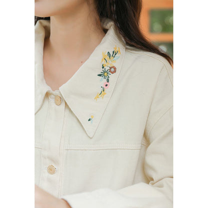 Cropped Lapel Collar Casual Embroidery Loose Fit Denim Jacket