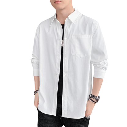 Solid Color Loose Fit Button Front Long Sleeve Shirt