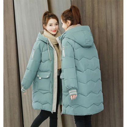 Thigh-Length Hooded Flap Pocket Puffer Coat