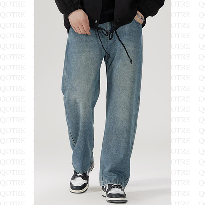 Elastic Waist Straight Leg Casual Trendy Loose Fit Slit Hem Jeans