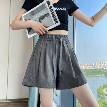 Thin Wide-Leg High-Waisted Loose-Fit Silky Drawstring Waist Sports Shorts