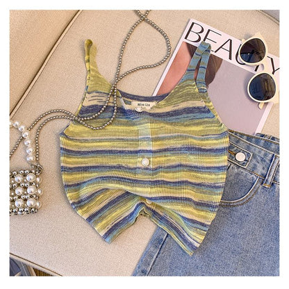 Niche Stripe Rainbow Cropped Knitted Worn Outside Tank Top