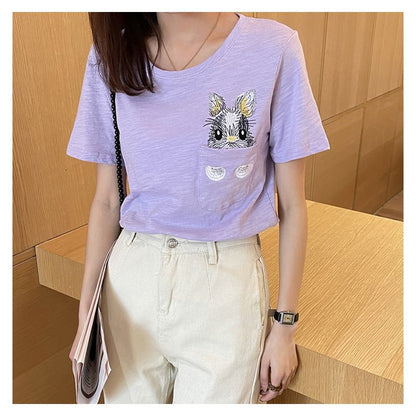 Women's T-Shirt Unique Bunny Pocket Round Neck Short Sleeve Tee