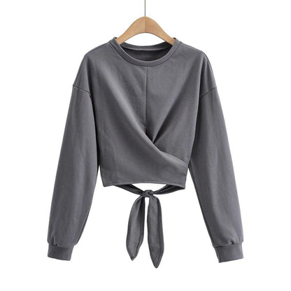 Tie Crossed Hip-Hop All Cotton Bow Tie Round Neck Long Sleeve Tee