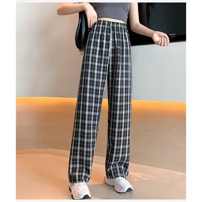 Casual Preppy Style Plus Petite Straight Pants Versatile Plaid Pants