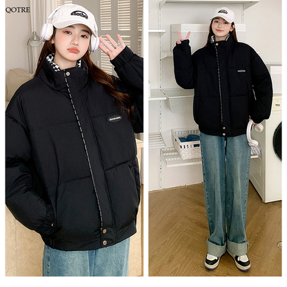 Cropped Stand-Up Collar Slash Pocket Puffer Jacket