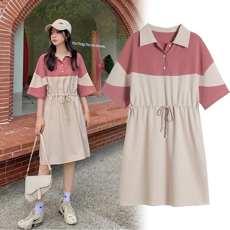 Collar Pink Slimming Tie-Up Loose Fit Chic Patchwork Half-Sleeve Dress