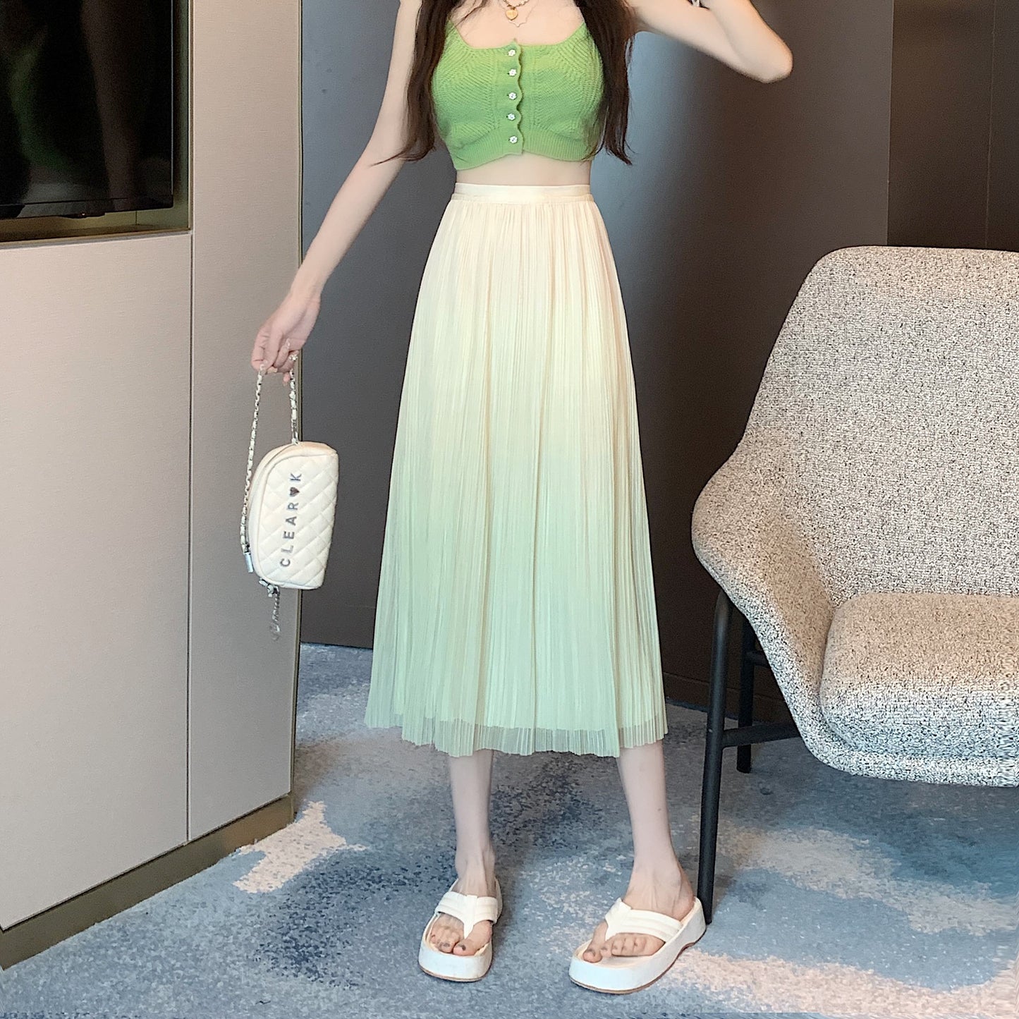 A-Line Draping Full Skirt Slimming Gradient-Color Pleated Skirt