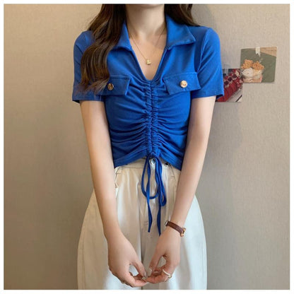 Blusas de cuello en V de algodón falso azul klein con hombros caídos ligeramente de fibra y costillas de spandex.