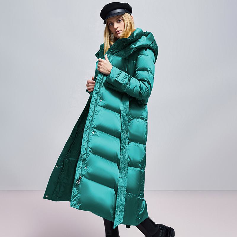 Calf-Length High Neck Quilted Belted Down Coat