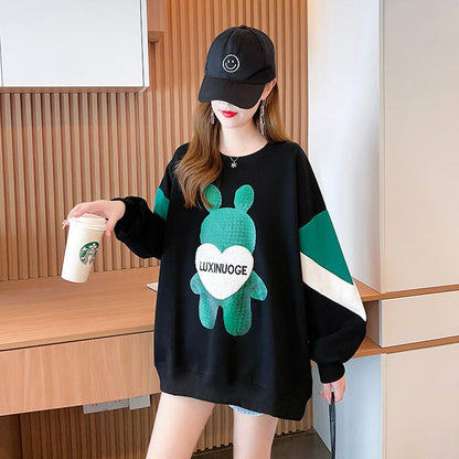 Fiber Thin Twill Color Blocking Patchwork Plant Velvet Round Neck Sweatshirt