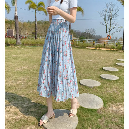 Accordion Pleat Skirt Pleated Chiffon Pastoral Floral Print Midi Skirt