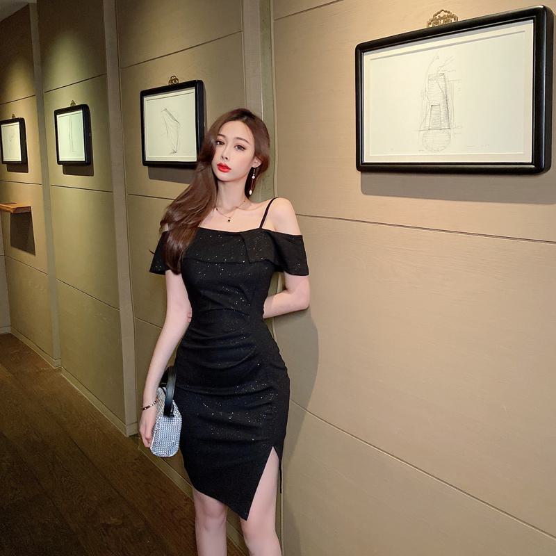 Hepburn Off-Shoulder Pailletten Französisch-Stil Cami Kleid