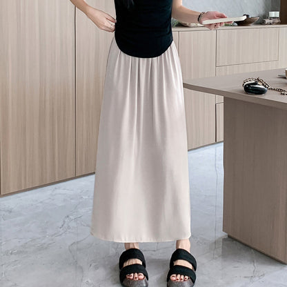 High-Waisted Split Hem Draping Sensation Jacquard H-Shaped Satin Skirt