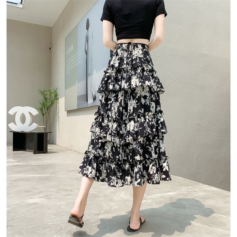 High-Waisted Patchwork Floral Print Versatile Layered Lace Midi Mesh Skirt