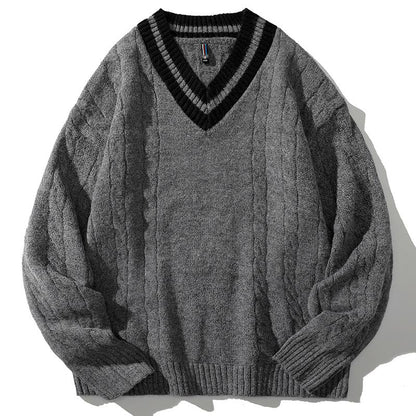 Loose Fit Preppy Style V Neck Knitted Sweater