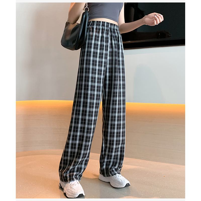 Pantalons droits décontractés de style preppy, grandes et petites tailles, polyvalents et à carreaux.