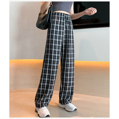 Pantalons droits décontractés de style preppy, grandes et petites tailles, polyvalents et à carreaux.
