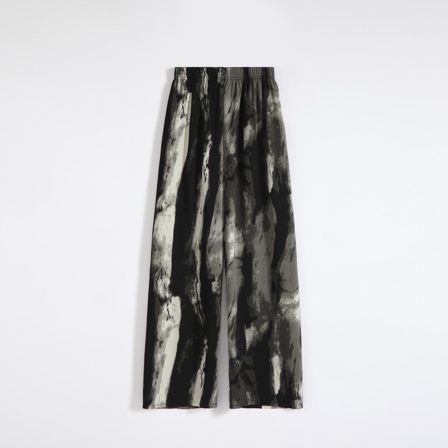 Pantalon long en soie à taille haute, imprimé amincissant décontracté et fluide.