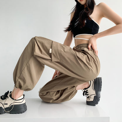 Loose-Fit Casual Silky High-Waisted Multi-Pocket Quick-Drying Sash Wide-Leg Cargo Pants