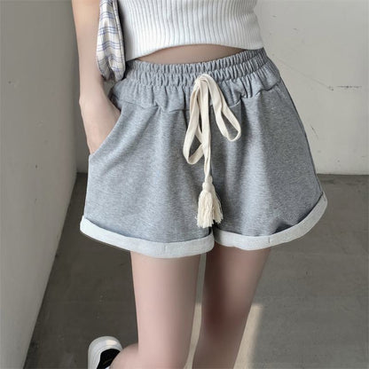 Shorts de algodón de moda con cordón y bolsillos de pierna ancha