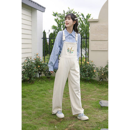 Slimming Embroidery Loose Fit Washed Denim Overalls