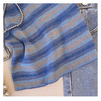 Niche Stripe Patchwork Solid Wood Ear French Style Knitted Tank Top