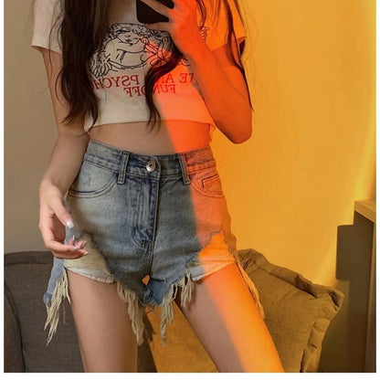 Distressed Thin Loose Fit High-Waisted Denim Shorts