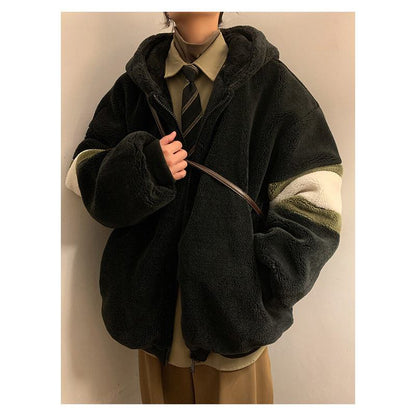 معطف صوف الحمل الدافئ ومقاوم للبرد بطبقتين من الفرو الكثيف وقبعة.