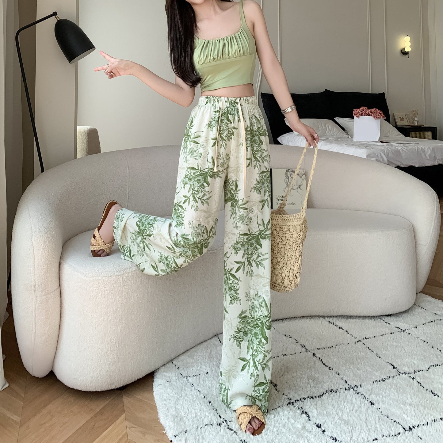 Printed High-Waisted Straight Leg Casual Slimming Look Silky Pants