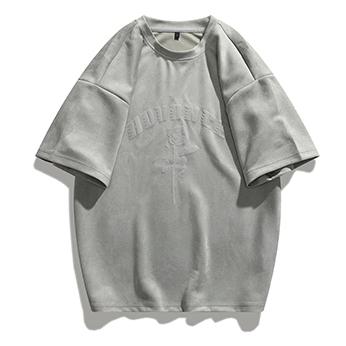 Kurzarm-T-Shirt mit Rundhalsausschnitt aus elastischem Wildleder und überschnittenen Schultern
