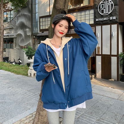 Plus Velvet Loose Fit Thickened Faux Two-Piece Hooded Track Jacket