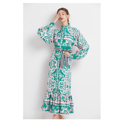 Stand-Up Collar Geometric Print Long Style Dress