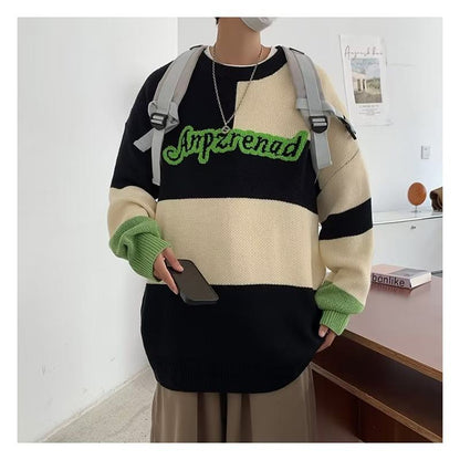 Colo-Blocking Retro Round Neck Loose-Fit Knitted Sweater