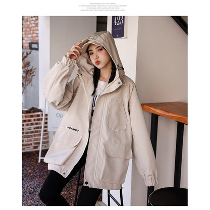 Workwear Style Loose Fit Reflective Casual Raincoat Hooded Jacket