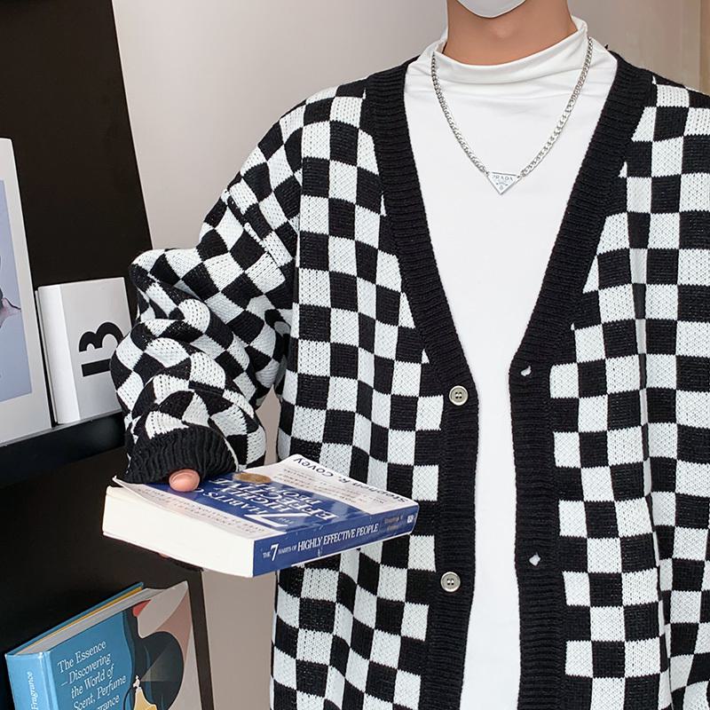 Cárdigan de bloques de color a la moda, suéter de ajedrez de punto suelto