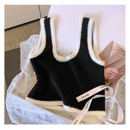 Knitted Cropped Color-Blocking Slim-Fit Plush High-Waisted Tank Top