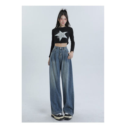 High-Waisted Worn-Out Look Pleated Loose Fit Wide Leg Jeans