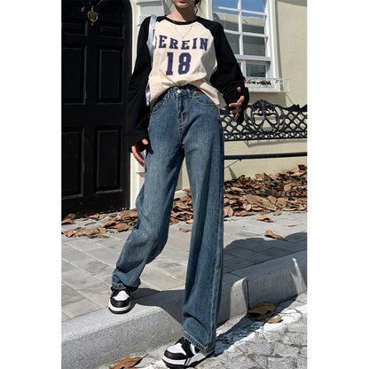 Casual Floor-Length Straight High-Waisted Wide-Leg Retro Jeans