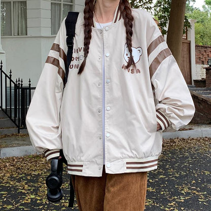 Bear Pattern Street Style Casual Varsity Jacket