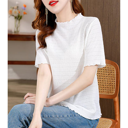Camiseta de manga corta versátil con cuello medio alto, elástica, reductora y transpirable con orejas de madera.