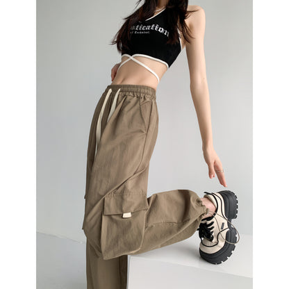 Loose-Fit Casual Silky High-Waisted Multi-Pocket Quick-Drying Sash Wide-Leg Cargo Pants